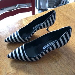Black & white stripe pony-hair Manolo kitten heel